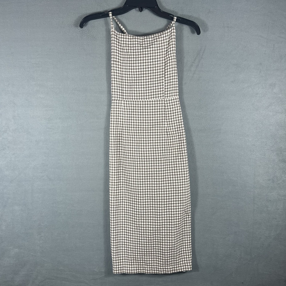 RITA ROW Women's Brown White Gingham Midi Dress Size M Tie Back Slit Sleeveless
